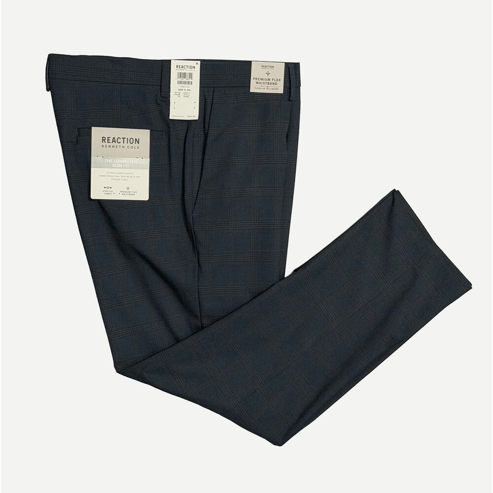 Kenneth Cole Dress Pants Men's 36"x29" Stretch Slim Fit Large Blue Plaid NEW